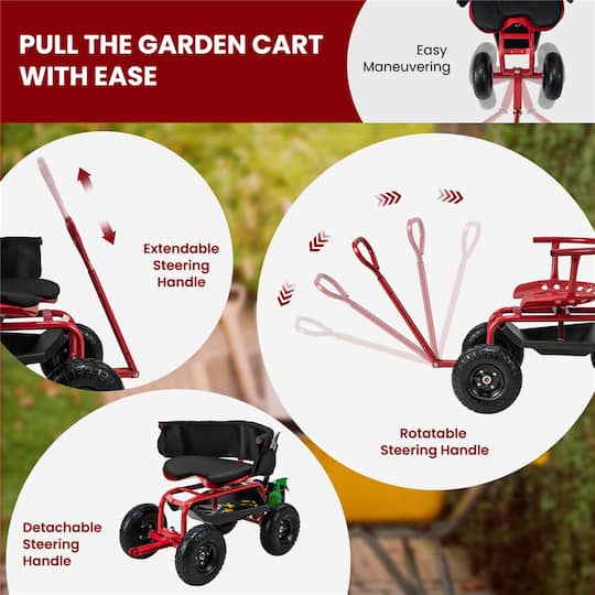 Costway Height-Adjustable Rolling Garden Cart Scooter with Swivel Seat